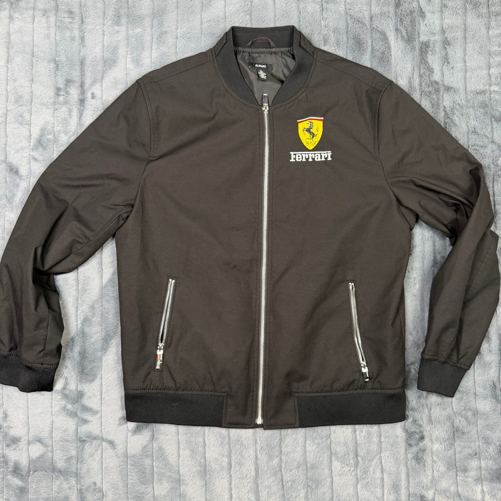 Alfani Mens Black Ferrari Logo Full Zip Bomber Jacket Size Large Racing Style
